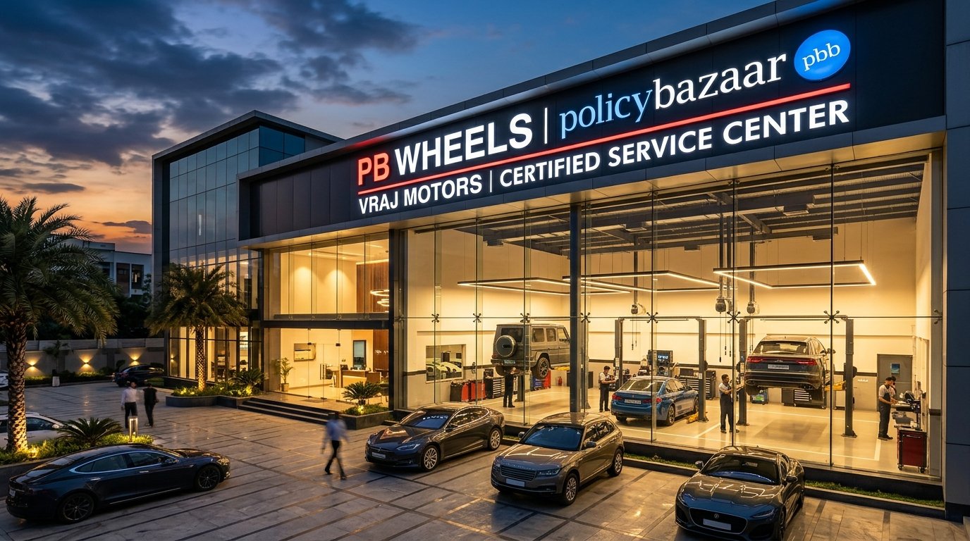 PB Wheels Policybazaar and VRAJ Motors Partnership Facility in Shela Ahmedabad